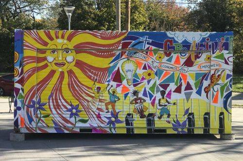 artist Augustus Turner's painted shipping container in Fairfax's Playwright Park.